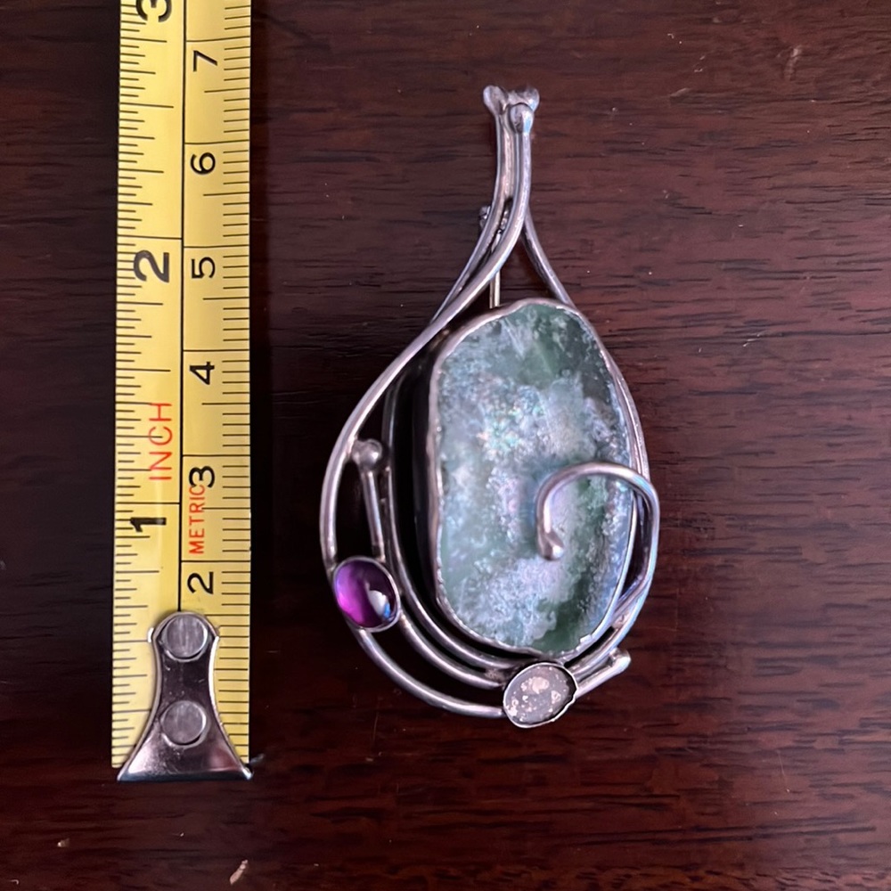 Handmade Real silver Brooch w/ large iridescent stone